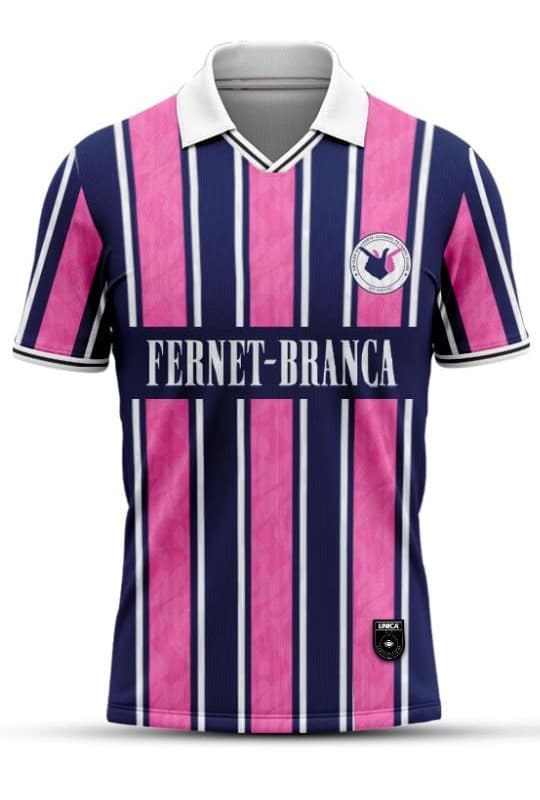 Frente da camisa 2026: listras rosa e azul-marinho, gola polo branca e FERNET-BRANCA no peito